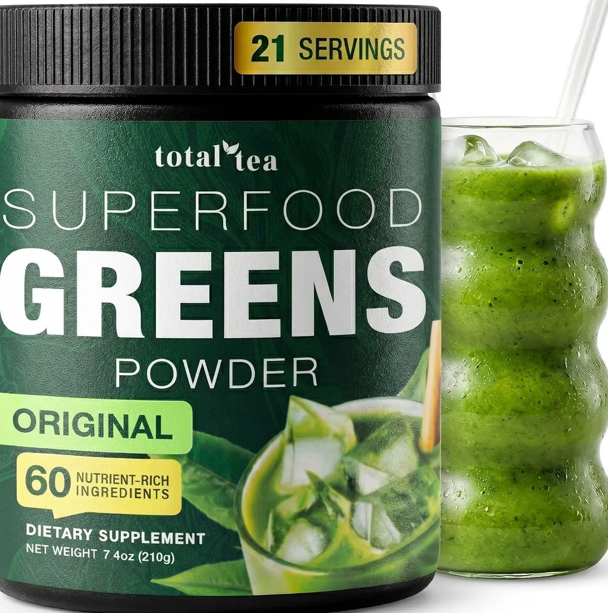 Total Tea Super Greens Powder Original Spirulina Chlorella Vegan Superfood | 21 Servings Fruits Vegetables Vitamins Antioxidant Energy Green Drink Powder for Smoothies