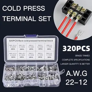 320pcs Non-Insulated Ring & Spade Terminal Kit, Cold Press Terminals, Copper Lugs, U-Type Crimp Connectors, Quick Electrical Connection