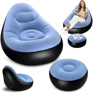 Inflatable Lounge Chair for Adults Portable Folding Blow Up Couch with Foot Stool Flocking Recliner Air Sofa for Indoor Outdoor Travel Camping