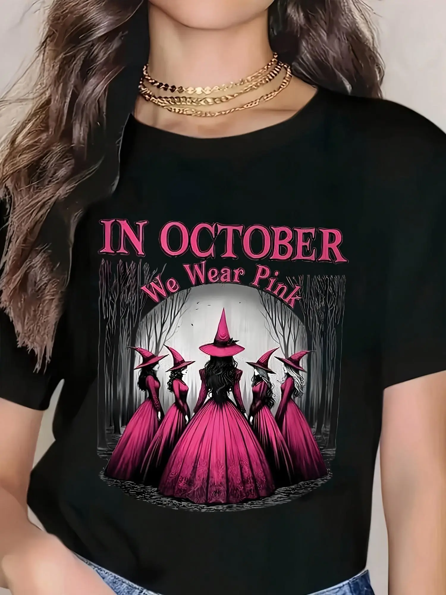 Women's Gothic Witch T-Shirt - Pink & Black Suitable for Halloween Costumes with Witches' Hats & Bats Print, Crew Neck Casual Tee for October Parties, Themed Outfits, Machine Washable Witch Design