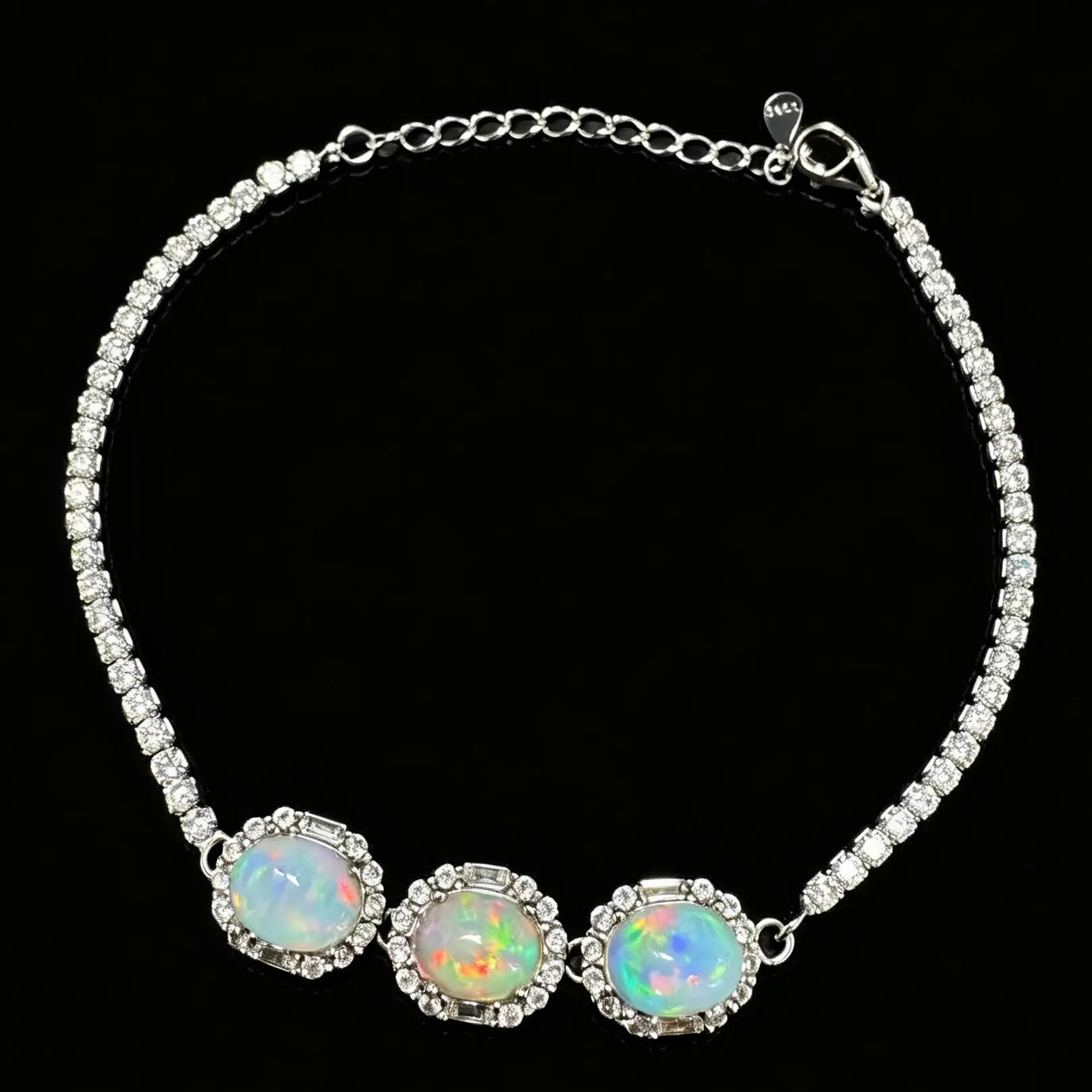 925 Sterling Silver Natural Opal Tennis Bracelet, Halo Cubic Zirconia Adjustable 21.5cm Wrist Jewelry For Women