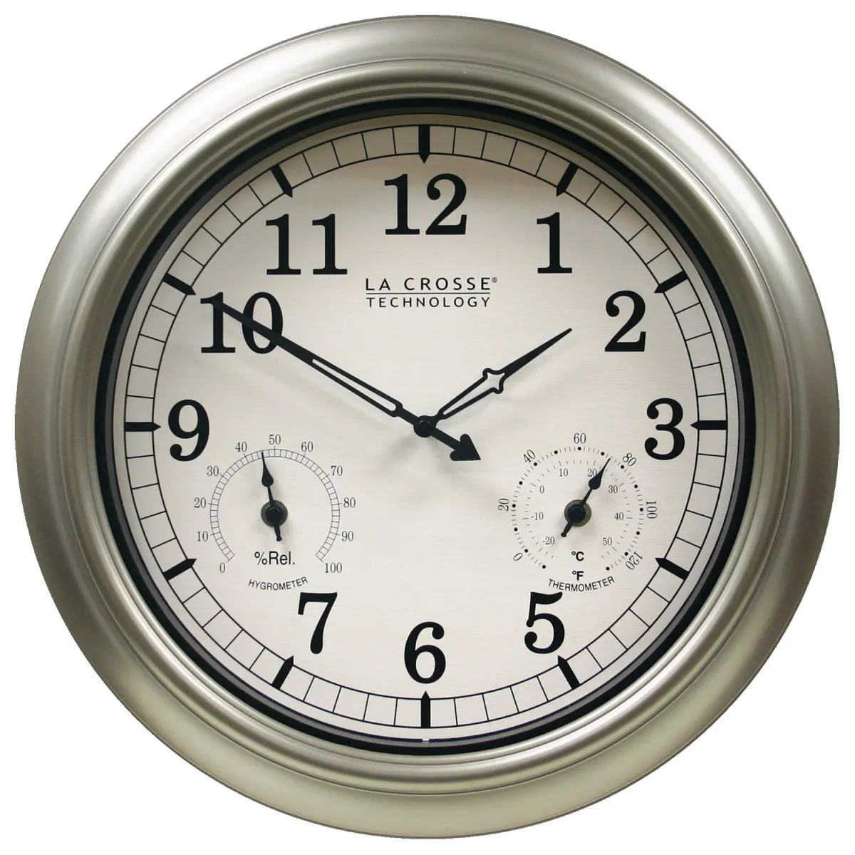 La Crosse WT-3181PL-Q 18 in. Round Plastic Analog Wall Clock - Weatherproof, Metallic Finish, Indoor/Outdoor, Durable, Humidity Resistant, White Keys, Living Room Wall Clock, Room Decor Home Goods, Hangable