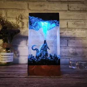 God.zilla Epoxy Resin Ornament with Wood Base - Handcrafted Desk Decor Gift – King Monster Energy Beam City Destruction Scene - Gift for Him