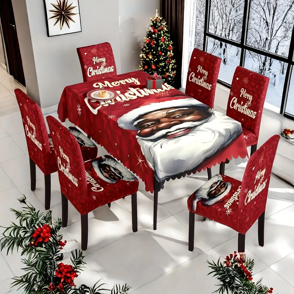 Red Black Santa Claus Christmas Tablecloth & Chair Covers Set, Merry Xmas Snowflake Stretch Slipcovers 5PC/7PC