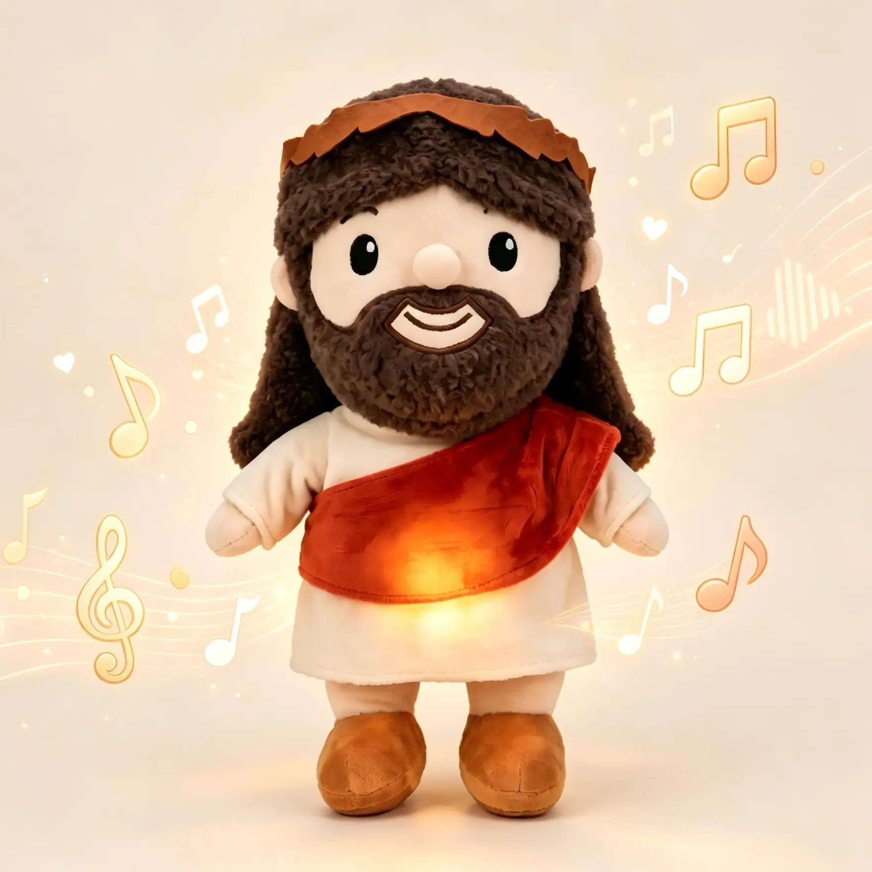 Christian-Themed Breathing Jesus Plush Doll, Huggable Stuffed Animal with Soft Body & Gentle Breathing Motion, Cute Jesus Design (Brown Hair Beard, Cream Robe, Red Sash), Bedtime Companion for Kids, Nightstand Decor Gift