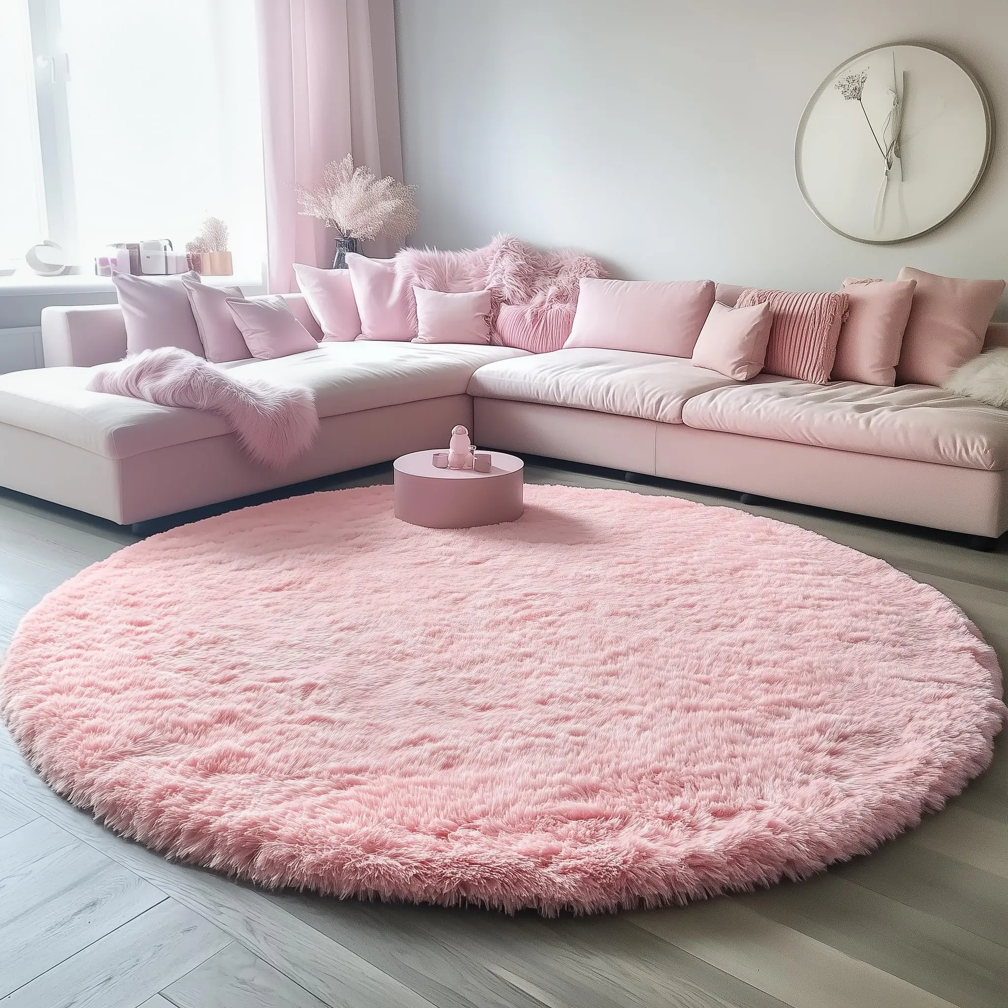 JAKOLIVE Pink Round Fluffy Rug for Woman Bedroom Shaggy Circle Area Rugs for Room Living Room Cute Fuzzy Carpet for Dorm Playroom Rug Upgrade Non-Slip Soft Plush Carpets for Sister’s Birthday Party Home Room Decor Aesthetic