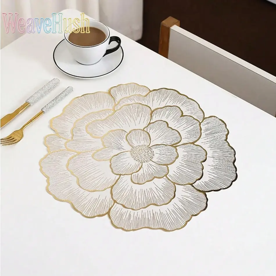 Romantic Floral PVC Placemats, 2-Piece Set with Gold Trim - Waterproof, Heat-Resistant & Non-Slip for Casual Dinners, Easy-to-Clean Surface, Two Piece Set, Valentine's Day