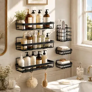 PHANCIR 6 PCS Shower Caddy, No Drilling Bathroom Organizer with Soap Holder, Adhesive Bathroom Caddy, Black Installation Square Transparent Stainless