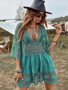 Women's Floral Embroidery Hollow Out Contrast Lace Sheer Cover Up Dress, Boho Deep V Neck 3/4 Sleeve Short Cover Up Dress for Holiday, Ladies Summer Clothes, Beach Cover Ups