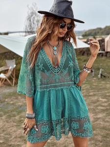 women's floral embroidery hollow out contrast lace sheer cover up dress, boho deep v neck 3/4 sleeve midi cover up for beach holiday vacation, ladies summer clothes, clothing