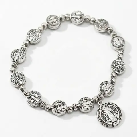 Vintage Saint Benedict Rosary Bracelet for Men, Titanium Steel with Rounded Prayer Beads & Benedict Medal, Scratch-Resistant Stretch Fit, 8.26 in Vintage Tone, Metal Coating, Bracelet Stacking, Religious Layout, Protective Packaging, Wipe-Clean