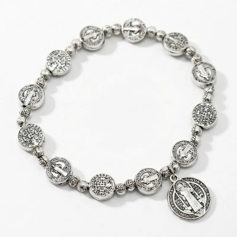 Vintage Saint Benedict Rosary Bracelet for Men, Titanium Steel with Rounded Prayer Beads & Benedict Medal, Scratch-Resistant Stretch Fit, 8.26 in Vintage Tone, Metal Coating, Bracelet Stacking, Religious Layout, Protective Packaging, Wipe-Clean