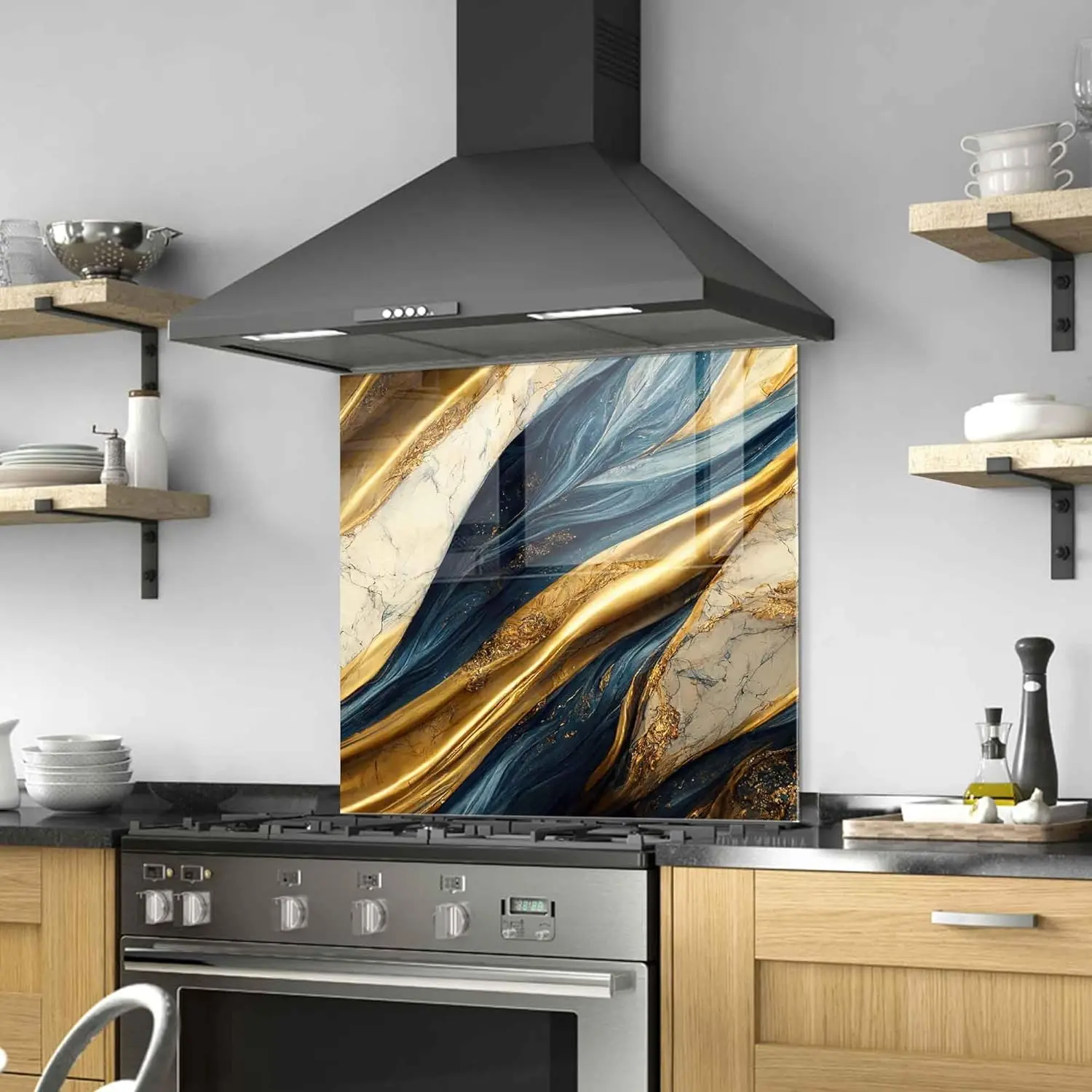 GCKG Marble abstract background Nature marbling blue and gold sequins Tempered Glass Kitchen Backsplash, Stove Back Cover, Stove Splashback, Cutting Board, Kitchen Wall Decor