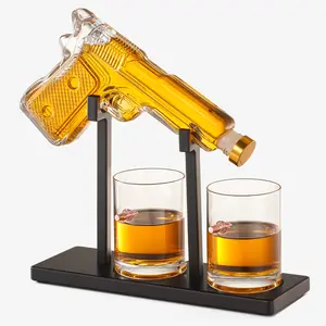 Whiskey Decanter Set  with Two Glasses on a Mahogany Stand - Perfect gift for him