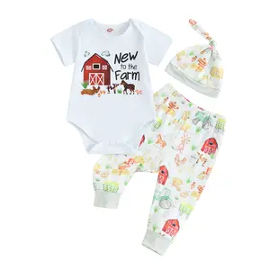 Newborn Baby Boy Farm Outfit New to the Farm Romper Animal Tractor Print Elastic Waist Long Pants with Hat 3Pcs Country Outfits Set