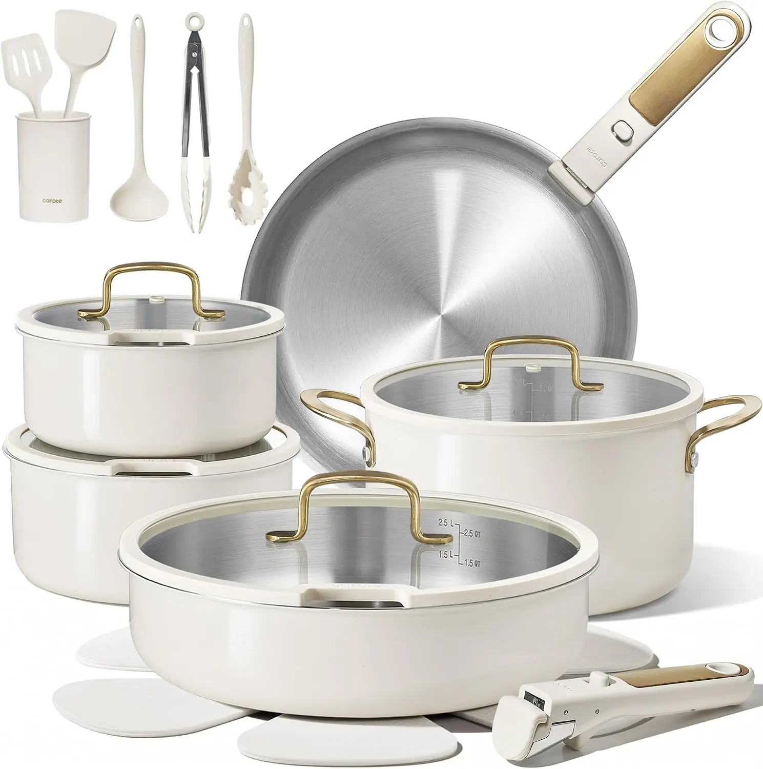 CAROTE 21pcs Tri-Ply Stainless Steel Cookware Set with Detachable Handle | Pots and Pans Set, Even Heating, Non-Toxic, Induction Compatible, Dishwasher& Oven Safe, Space Saving, Camping Cooking, White, Frying, Induction Safe, Tri-Ply Cookware