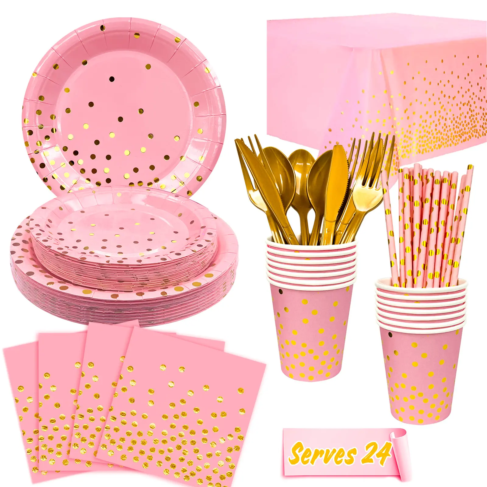 Pink and Gold Party Supplies 193pcs, Serves 24 Pink and Gold Birthday Dinnerware Set- Pink and Gold Birthday Plates Cups Tablecloth etc Pink Party Decorations for Girl Graduation, Birthday, Holiday
