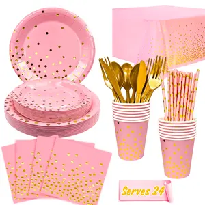 Pink and Gold Party Supplies 193pcs, Serves 24 Pink and Gold Birthday Dinnerware Set- Pink and Gold Birthday Plates Cups Tablecloth etc Pink Party Decorations for Girl Graduation, Birthday, Holiday