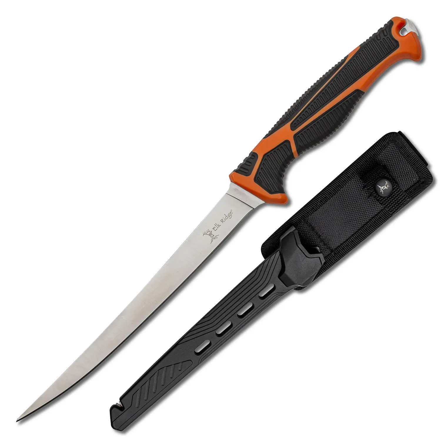 Elk Ridge Trek Series Fillet Knife - 10 in Overall Length, Stainless Steel Full Tang Blade, Black & Orange Ergonomic Rubber Mold Handle, Molded Sheath, Included Sharpener, Secure Hold, Cutting, Model ER-TKFIX002, Camping Gear, Filleting