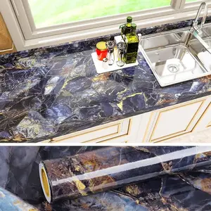 Glossy Blue Stone Marble Look Vinyl Wrap, Peel & Stick Wallpaper for Kitchen Countertops, Easy DIY Removable Wall Sticker Decor, Adhesive