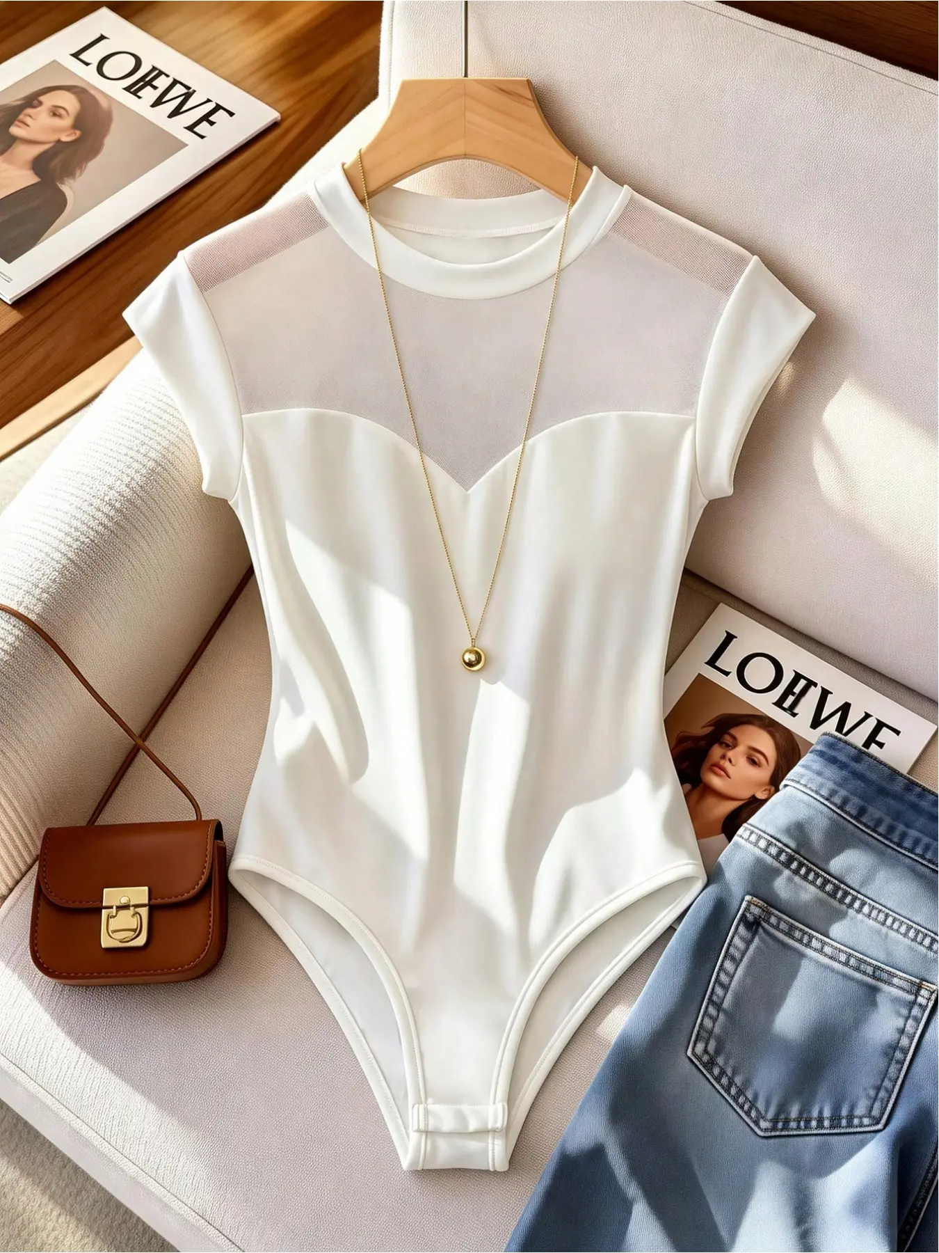 Round neck with mesh splicing at the neckline - summer women's one-piece dresses, Fitted, Slim Fitting Bodysuit, for graduation, vacation, leisure and Casual, Basic white bodysuits, Solid Bodysuit, Crew neck bodysuits, Womenswear
