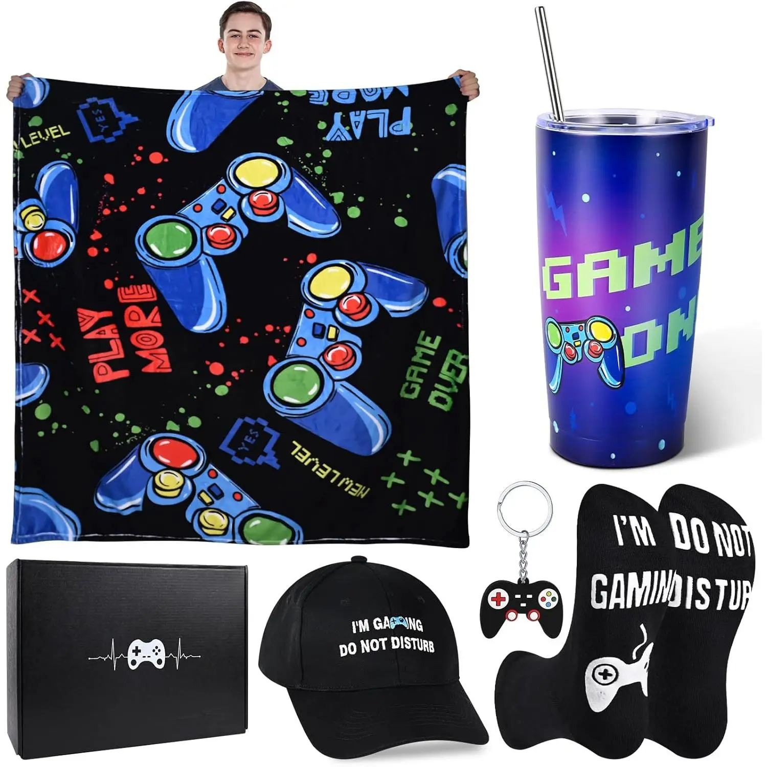 Gamer Gifts for Men, Cool Gaming Stuff Gifts with Gaming Throw Blanket 20 oz Tumbler Hat Socks  Fathers Day  Ideas for  Lovers, Men, Dad, Teen, Boyfriend, Teenage Boys