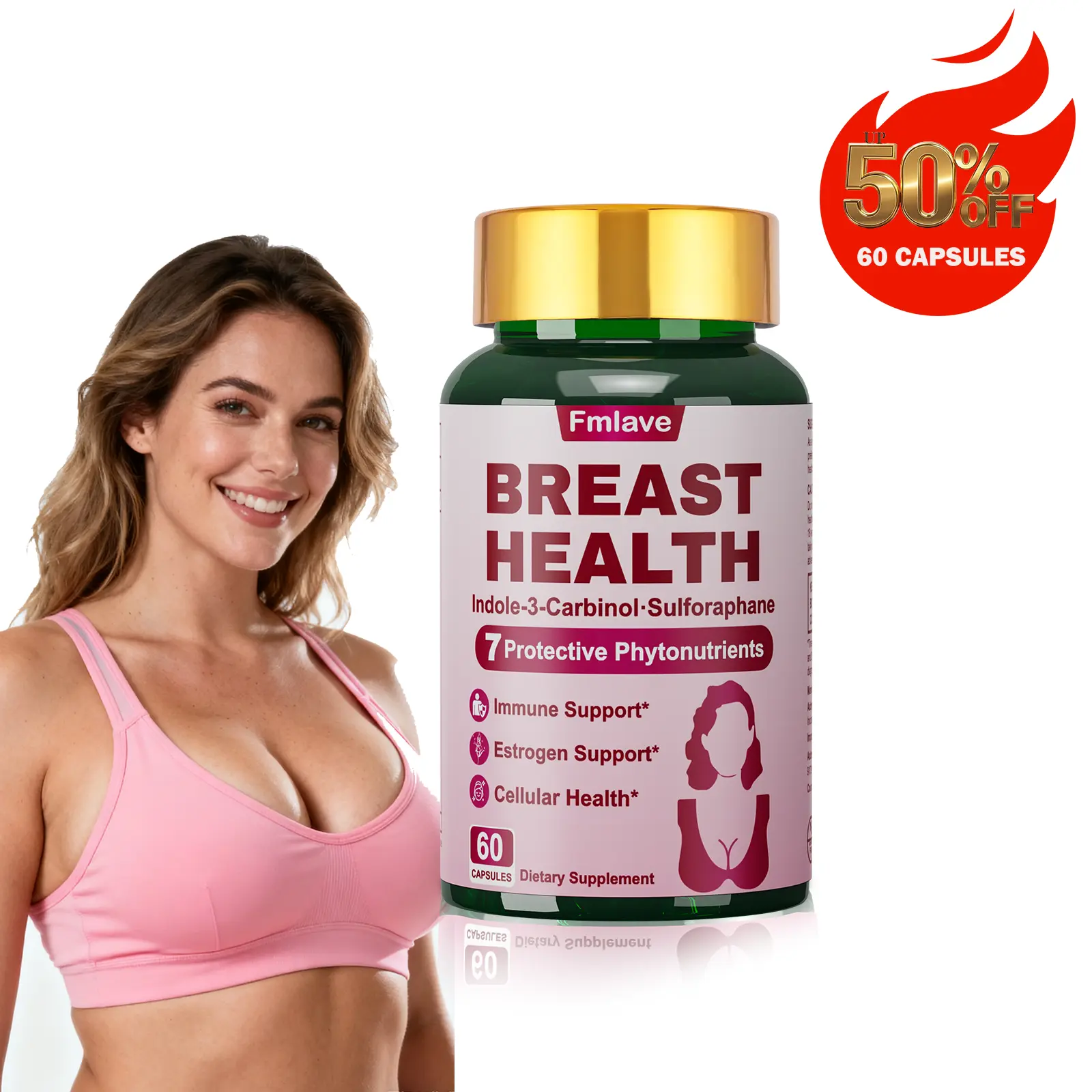 Breast Health Capsules | With Vitamin C, B12, D3, Indole-3-Carbinol & Grape Seed Extract | Supports Breast Health & Antioxidant Activity | Highly Absorbable | An Excellent Choice for Women's Health, Perfect Gift for Mom | 60 Capsules|Fmlave