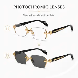 Unisex Non-Prescription Rimless Photochromic Glasses - Anti-Blue Light, Diamond-Cut HD Lenses, UV400 Protection, Lightweight Fashion Temples, for Computer Use, Daily Wear, Men's Gifts