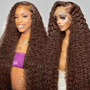 Chocolate Brown Deep Wave Lace Front Wigs Human Hair 13x6 Hd Curly Lace Frontal Wigs for Black Women Pre Plucked Wet and Wavy Glueless 4# Brown Color