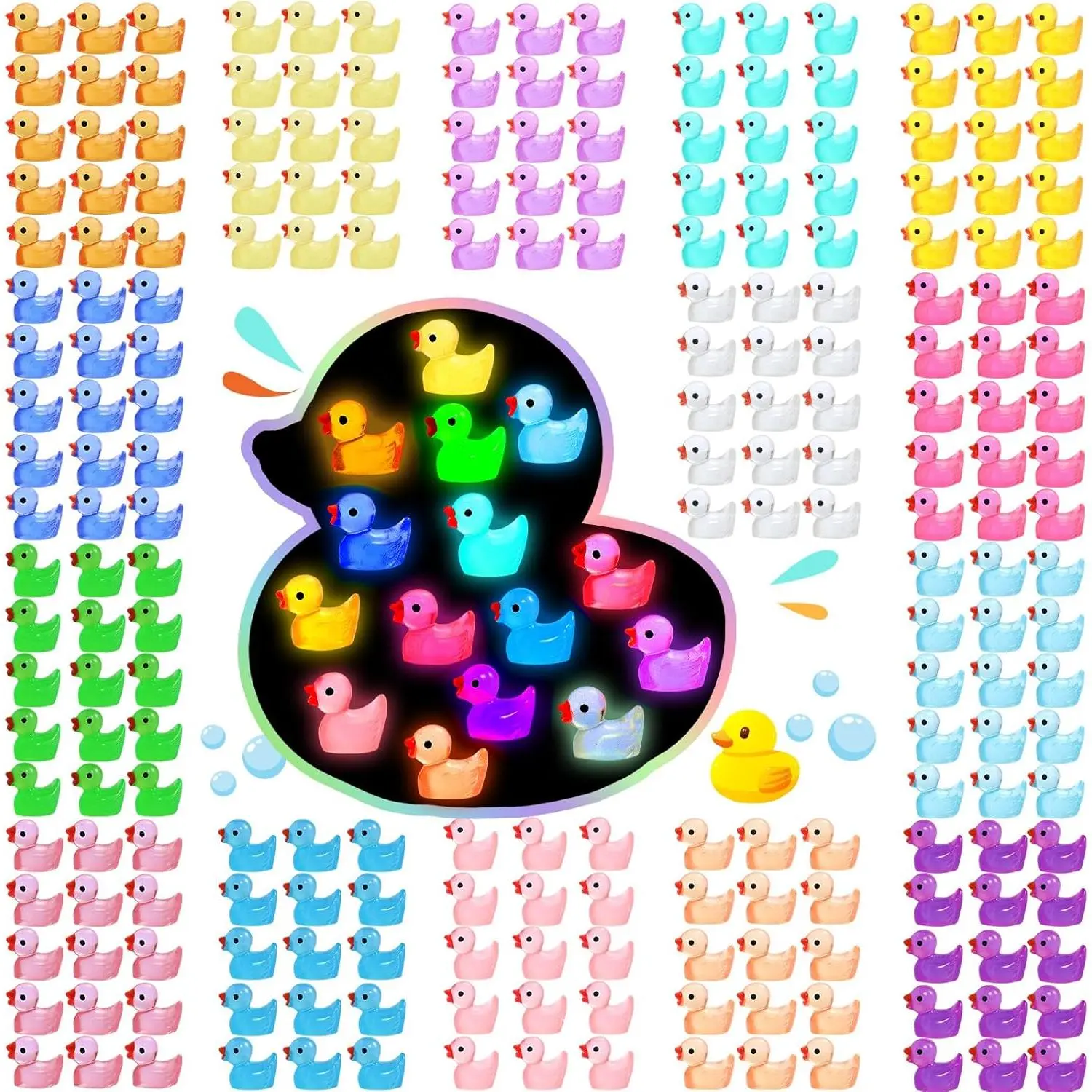 225pcs Glow-in-the-Dark Mini Resin Duck Ornaments - Colorful Animal-Safe Decorative Mini Animals, DIY Craft Accessories for Garden Micro Landscape & Room Decor, Mini Resin Animals, Colorful Resin Miniatures