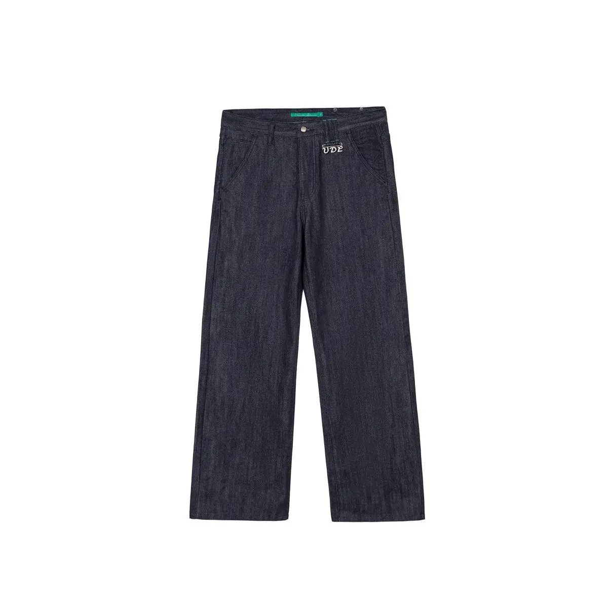 Women's Orla Raw Selvedge Denim Straight Fit Custom Jeans, Casual Style with Leather Accents, Embroidery Details, and Pocket Design