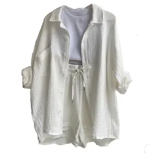 2 Piece Waffle Knit Loungewear Set|   Oversized Button Down Shirt + Drawstring Shorts