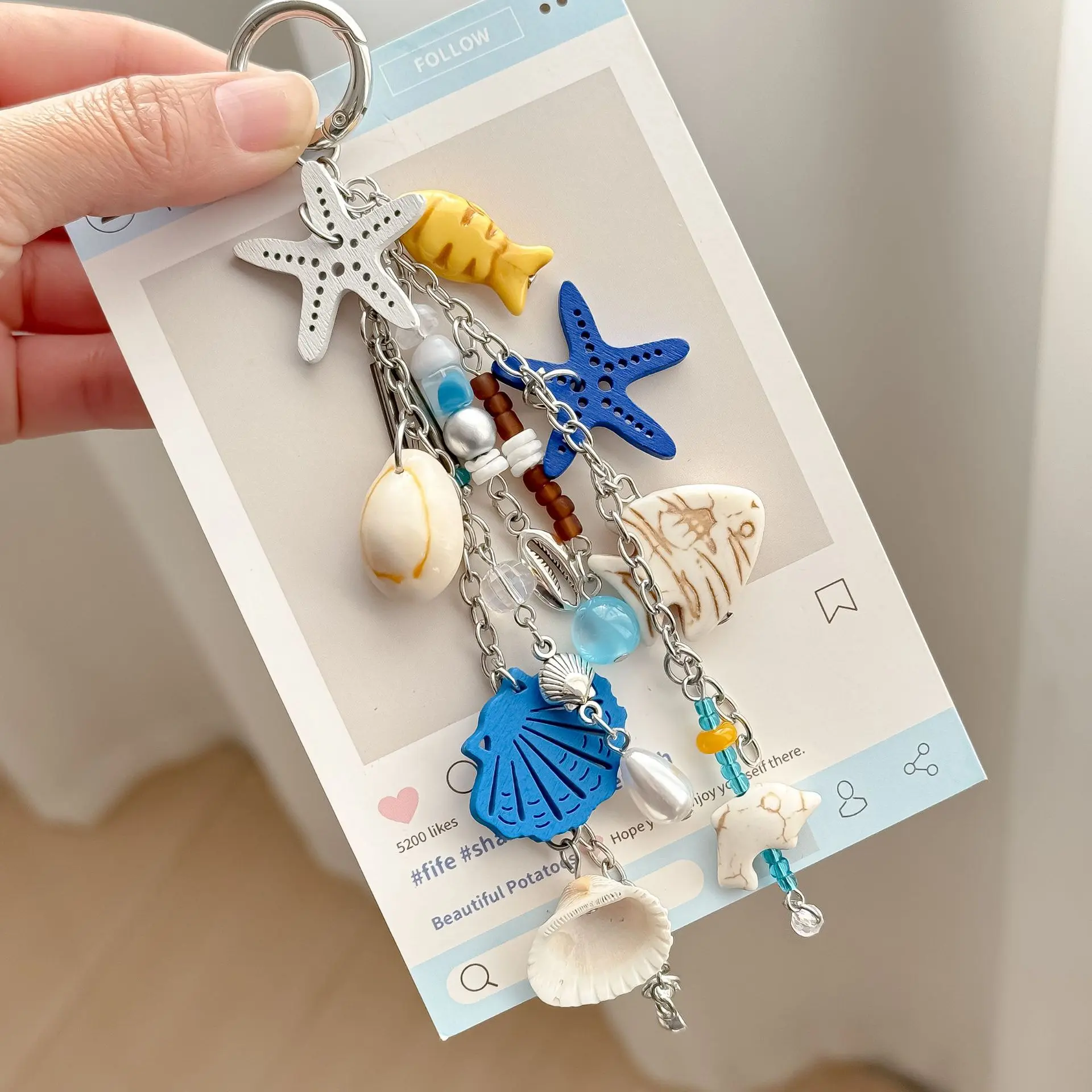 Ocean Starfish Keychain with Shell & Fish Charms - Coastal Bag Charm