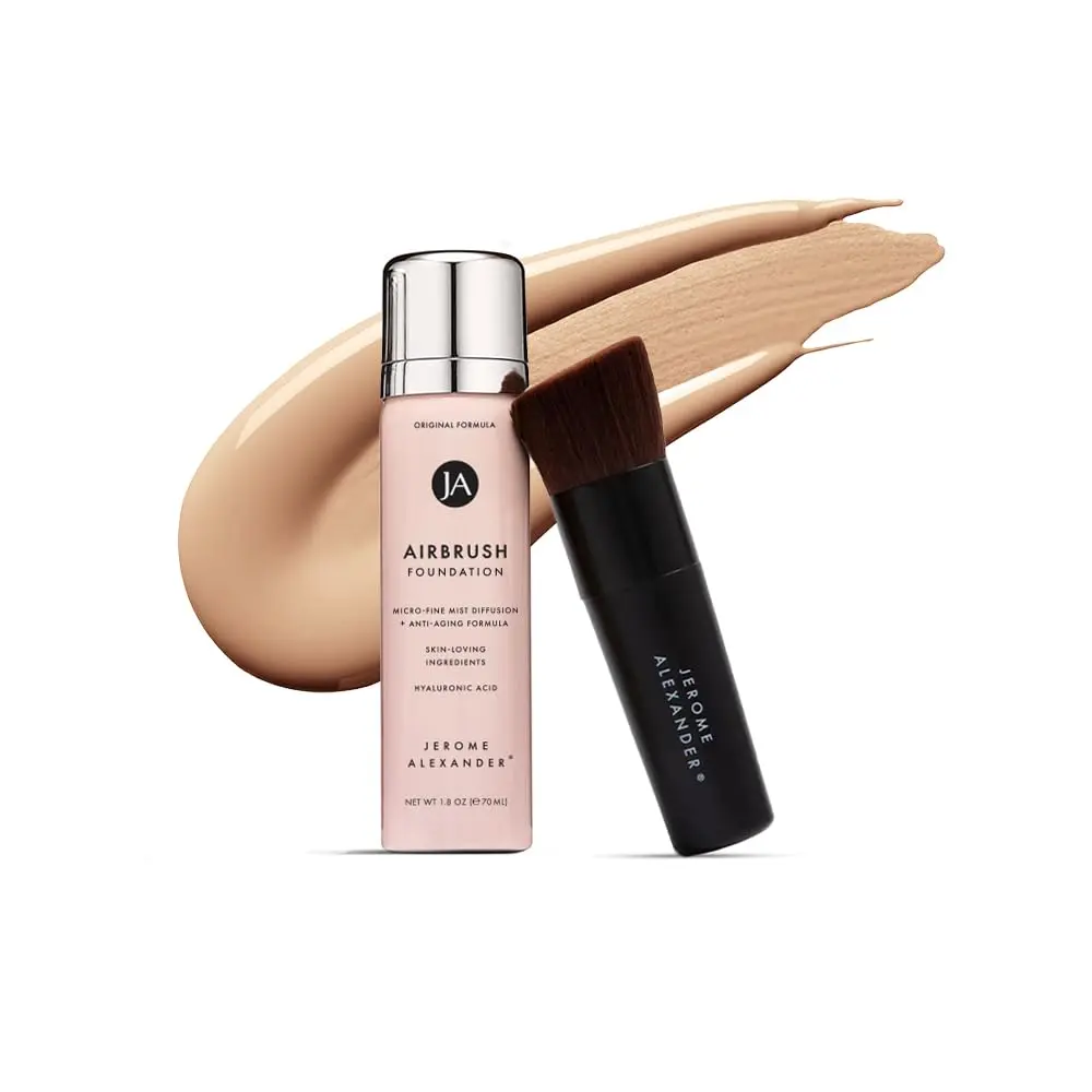 2pc Set with Airbrush Foundation and Kabuki Brush - Spray Makeup with Anti-aging Ingredients for Smooth Radiant Skin - Light Medium