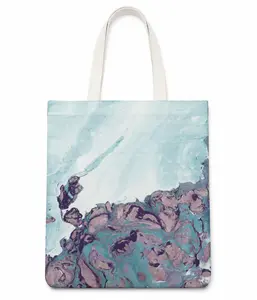 MIRANIQUE Aqua Bloom Marble Canvas Tote Bag｜Handmade One-of-a-Kind Blue Lavender Shoulder Bag