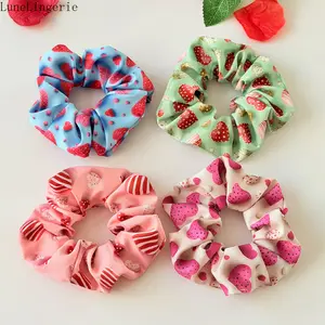 LuneLingerie 4-PCS Sweet Strawberry & Heart Print Scrunchies, Soft Fabric Elastic Hair Ties for Women, Cute Valentines Day Hair Accessories Set