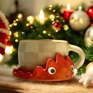 Handmade Calcifer Ceramic Mug Set - Custom Fire Spirit Cup with Spoon and Saucer - Studio Ghibli Inspired Gift-Unique mug for Ghibli lovers