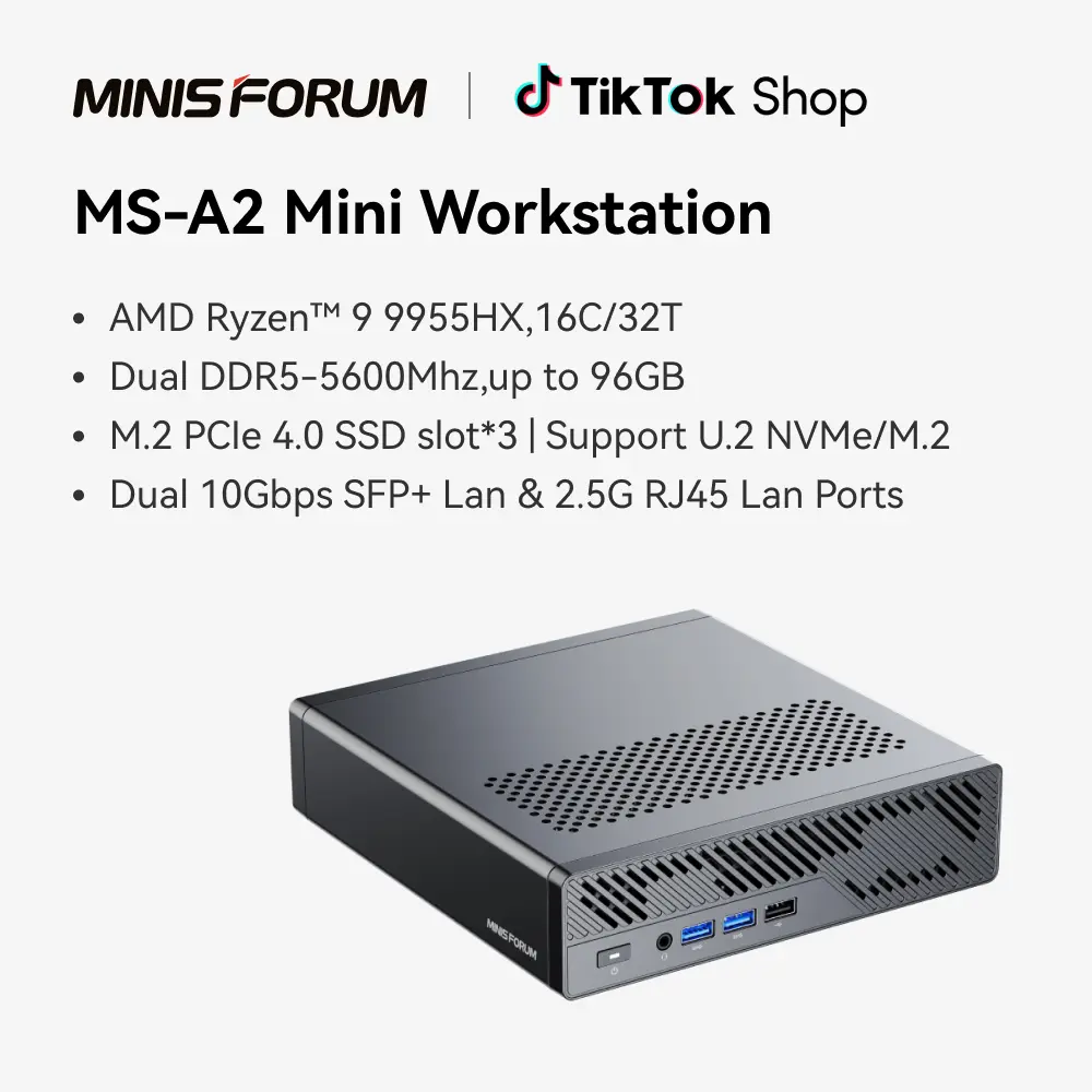 MINISFORUM MS-A2 Mini Workstation AMD Ryzen 9 8945HX(16C/32T, up to 5.4GHz) 32GB RAM 1TB Mini PC, HDMI/2xUSB-C Triple Display Mini PC, 2x2.5G LAN Port|10G SFP+ Port, Support M.2 2280/22110/U.2 SSD BackToSchool
