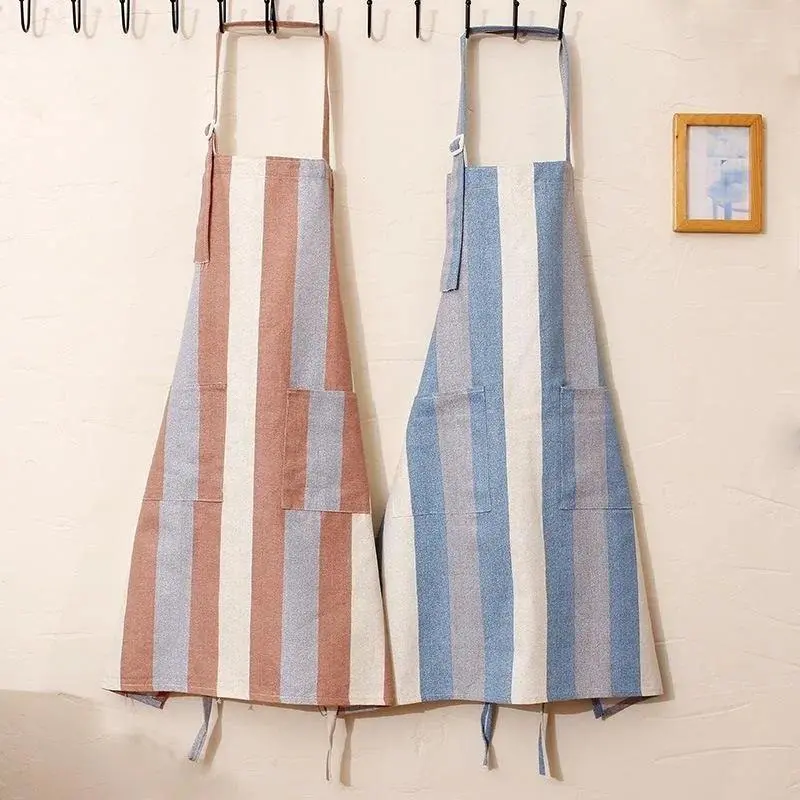 Linen-Cotton Striped Kitchen Apron, 75x65cm Adjustable Size with Pocket, Restaurant Chef Work & Household Cleaning Use