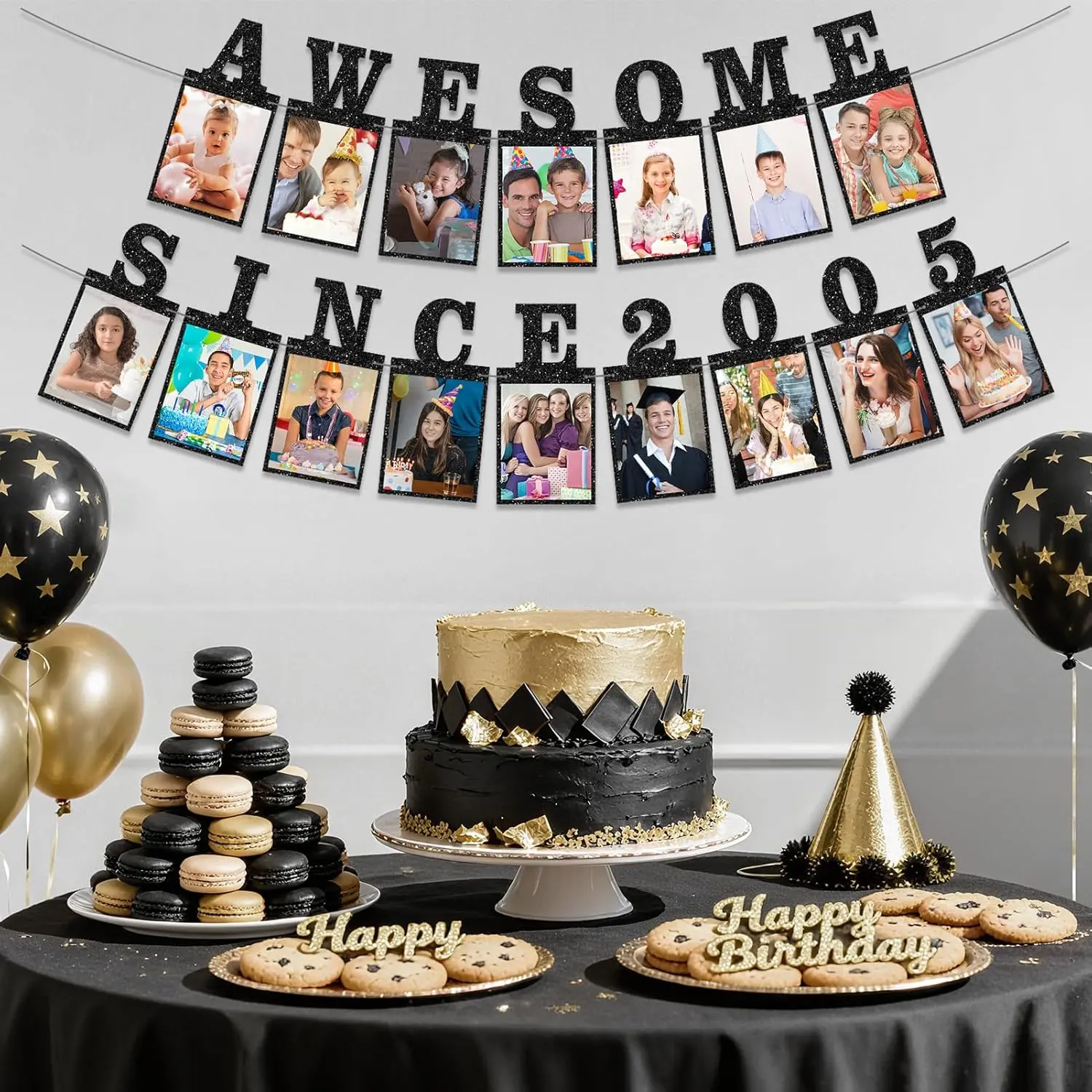 21st Birthday Black Gold Rose Gold Decorations Pack - Hanging Photo Banner, Cheers & Beers To 21 Banner, 2005 Table Sign, Backdrop Supplies, 2005-Themed Gifts for 21-Year-Olds