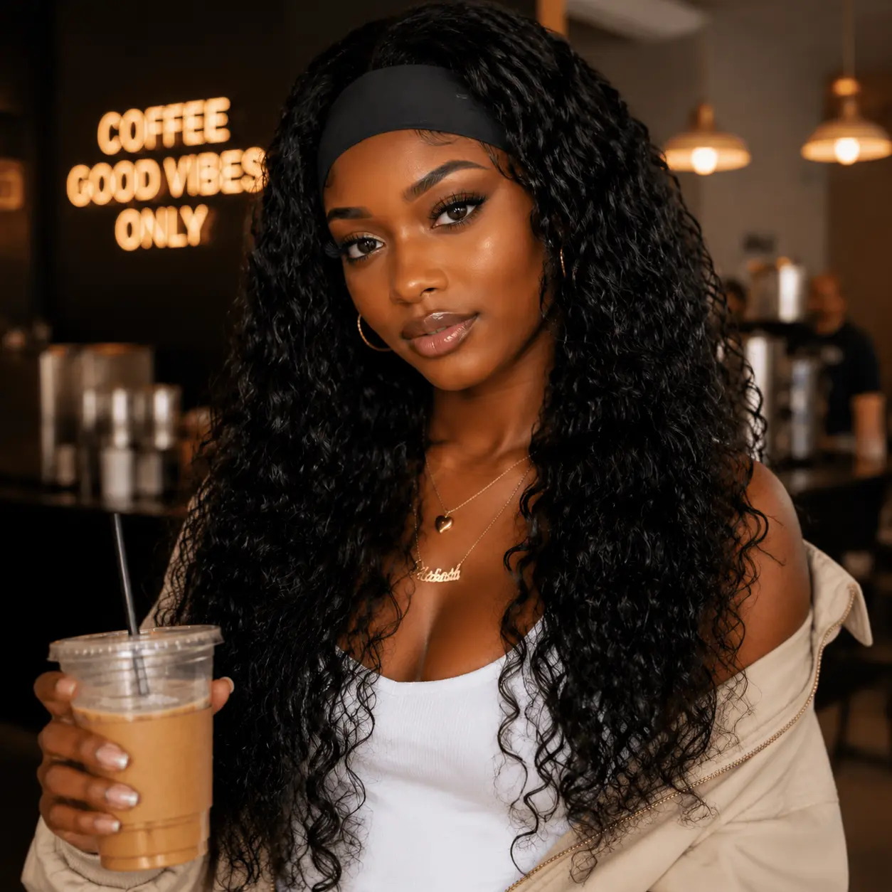 Glueless Headband Wig - 150% High Density Burmese Tight Curl, Natural Color Synthetic Full Machine-Made, Realistic Fiber for African Descent Females, Seamless Line Fashion Accessory, Glueless Ready-to-Wear with Headband, Glueless Ready To Wear Wig