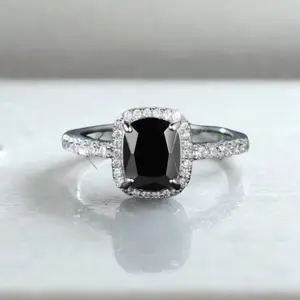 Fashion Black Stone Ring – Silver Tone Cubic Zirconia Ring, Engagement, Wedding and Party Jewelry for Women