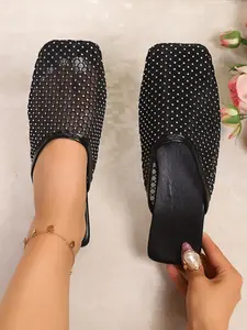 Women's Sparkling Rhinestone Mesh Square Toe Mules, Sweet Cool Punk Style Summer Outdoor Flat Sandals, Textile Upper Rubber Sole