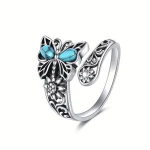 925 Sterling Silver Turquoise Butterfly Spoon Ring Vintage Thumb Rings Boho Adjustable Open Ring Butterfly Jewelry Gifts For Women