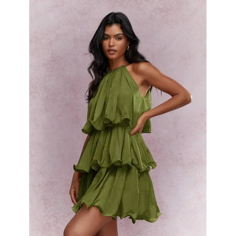 Women's Formal Polyester Fabric Boho Elegant Tiered Ruffle Sleeveless Halter Neck Mini Dress - St. Patrick's Day Irish-Themed Special Occasion Pleated Flowy Green Sundress