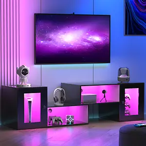 VECELO Deformable LED TV Stand with Power Outlets for 55/60/65/70 Inch Televisions, Gaming Entertainment Center with Cabinet for Living Room Bedroom, 4 AC Outlets & 2 USB-A Ports, Black,White,Brown