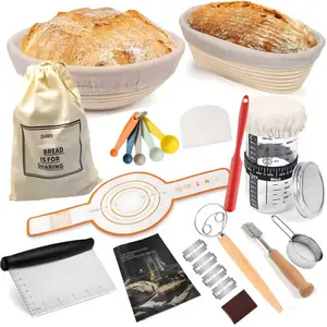 Sourdough Starter Kit with Proofing Baskets 24oz Glass Jar 9" Round & 10" Oval Rattan Bannetons Whisk Scraper & Baking Tools for Artisan Bread Making Includes Temperature Guide