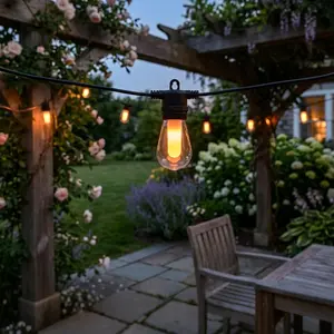 BACKYARD FOX Summervibes 19.7FT LED Solar Outdoor String Lights, Flickering Flame Effect Patio Lights, Dimmable Shatterproof Bulbs for Backyard, Porch, Garden, Christmas Holiday Festive Decorations
