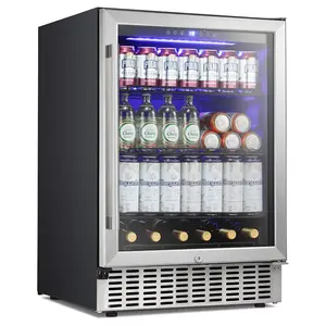 Antarctic Star 24 Inch Beverage Refrigerator,Under Counter Built-in Wine Cooler,Mini Fridge Clear Glass Door Digital Memory Temperature Control, Beer Soda LED Light, Quiet Operation (24 Inch)