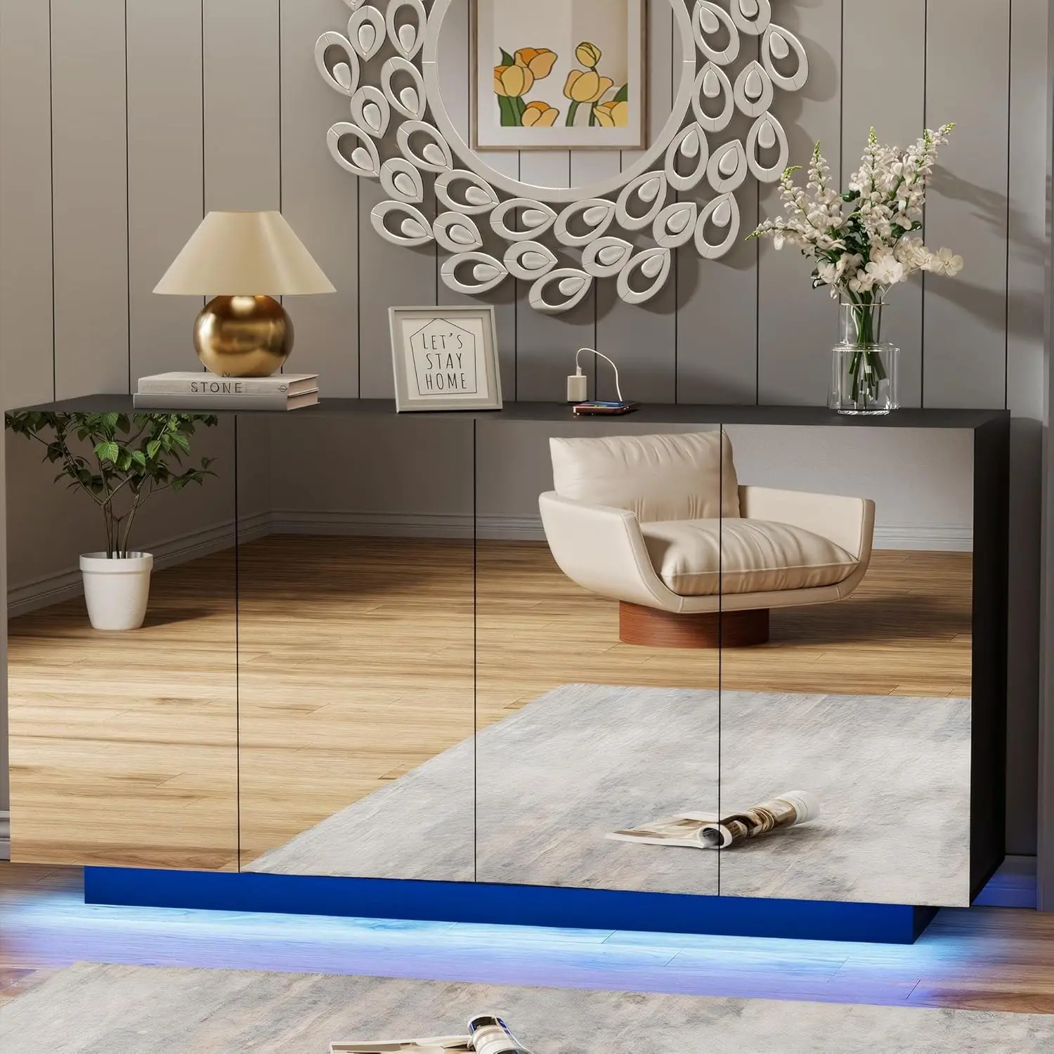 Anbuy Buffet Cabinet Mirror with Storage Black Sideboard with Storage Coffee Bar with Lights & Charging Station Kitchen LED 57.87'' Buffet Cabinet with Mirror Doors for Bedroom, Living Room Standing Shoe Storage for Entryway, Apartments, Hallway Black Sof